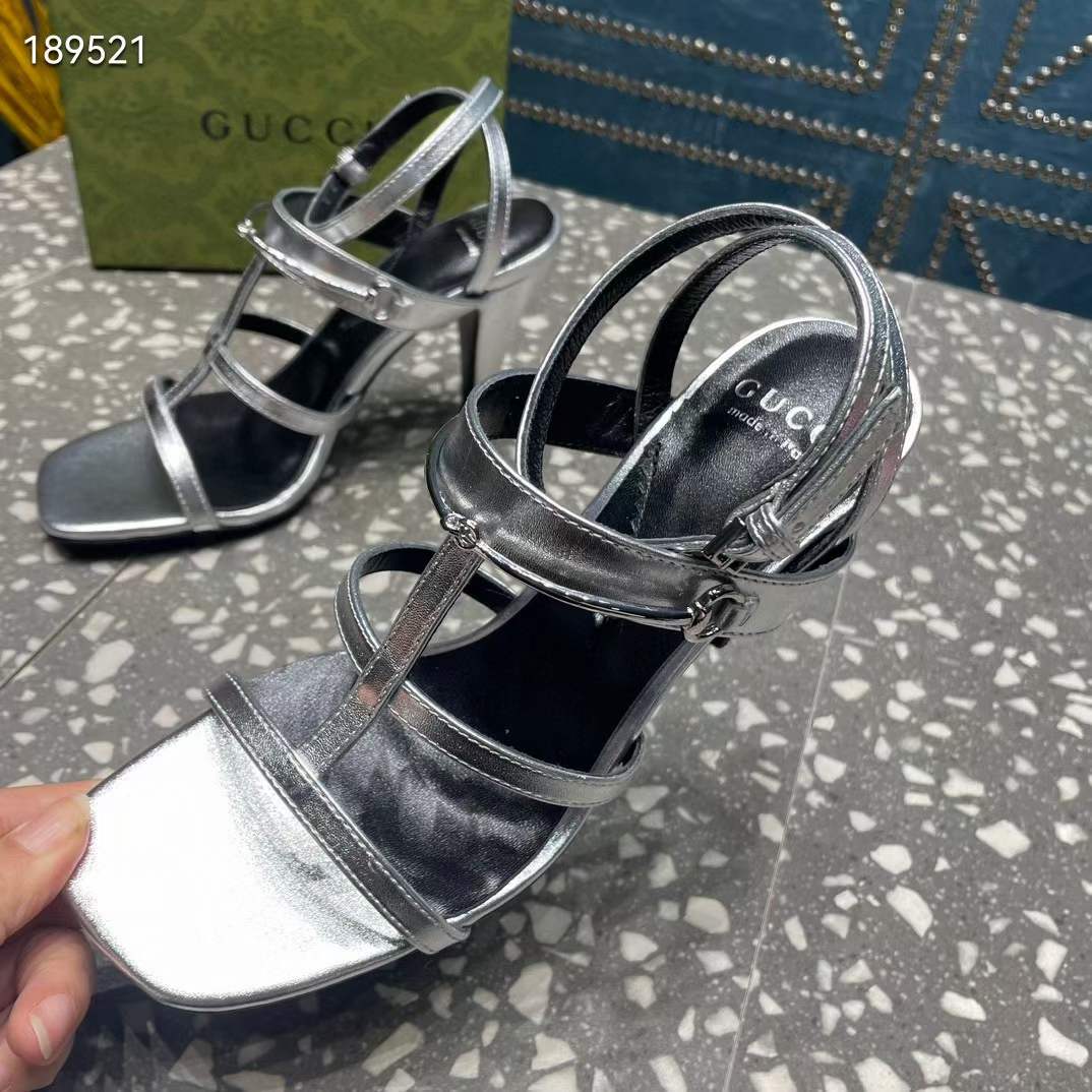 G*u*i women gg slim horsebit sandal silver leather high heel