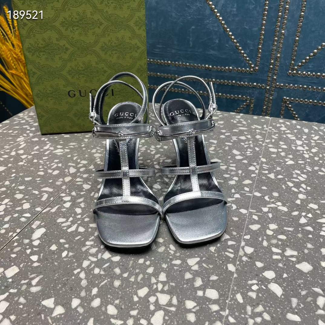 G*u*i women gg slim horsebit sandal silver leather high heel