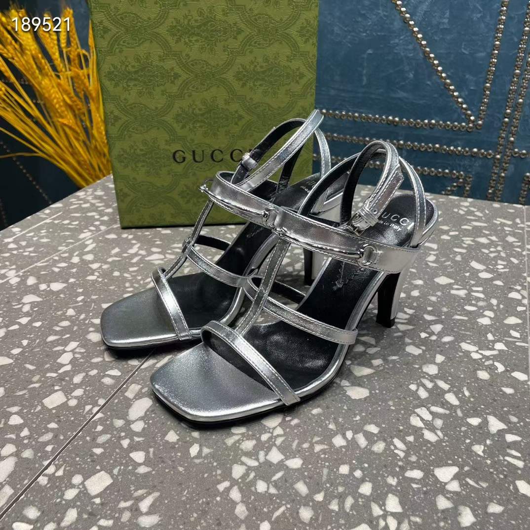 G*u*i women gg slim horsebit sandal silver leather high heel