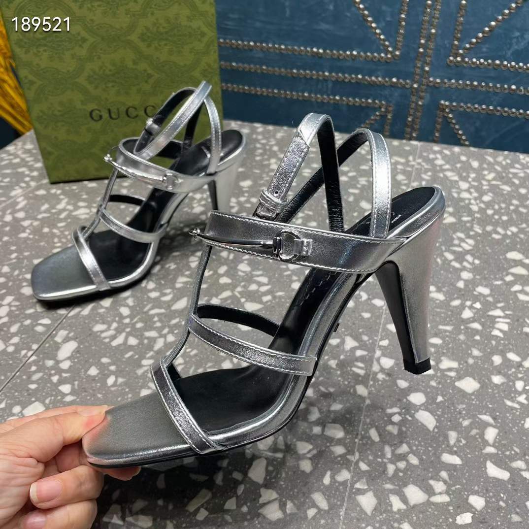 G*u*i women gg slim horsebit sandal silver leather high heel