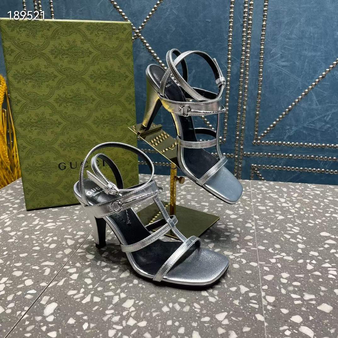 G*u*i women gg slim horsebit sandal silver leather high heel
