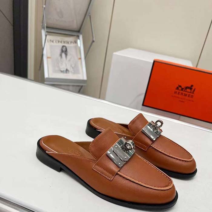 Hermes Unisex Iota Mule Gold Brown Leather Oversized Kelly Buckle