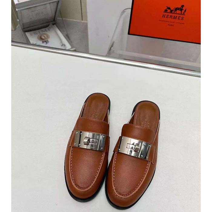 Hermes Unisex Iota Mule Gold Brown Leather Oversized Kelly Buckle
