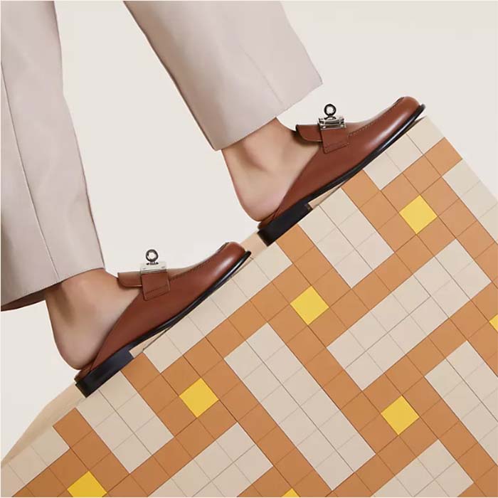 Hermes Unisex Iota Mule Gold Brown Leather Oversized Kelly Buckle