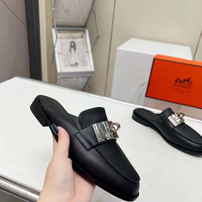 Hermes Unisex Iota Mule Noir Black Leather Oversized Kelly Buckle