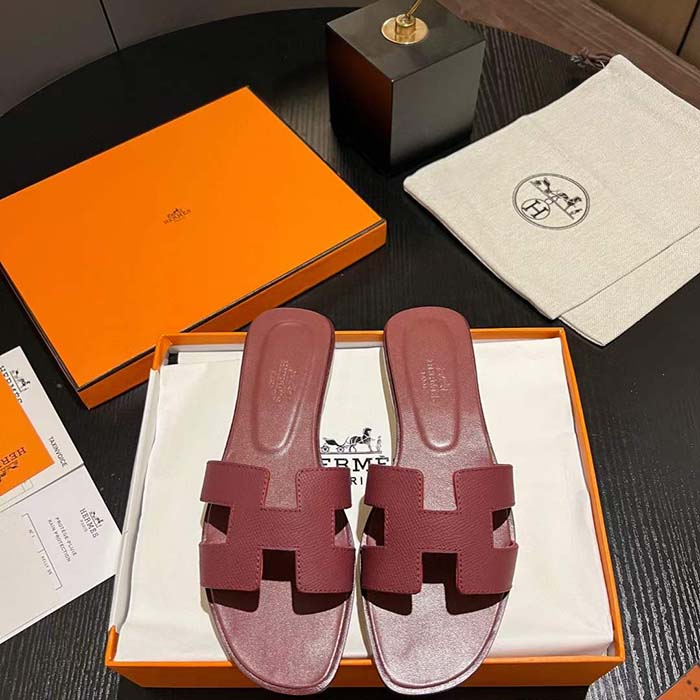 Hermes Unisex Oran Sandal Red Epsom Calfskin Natural Leather Sole