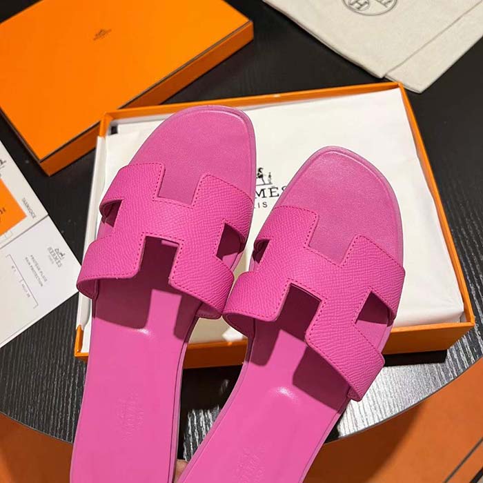 Hermes Unisex Oran Sandal Rose Pink Epsom Calfskin Natural Leather Sole