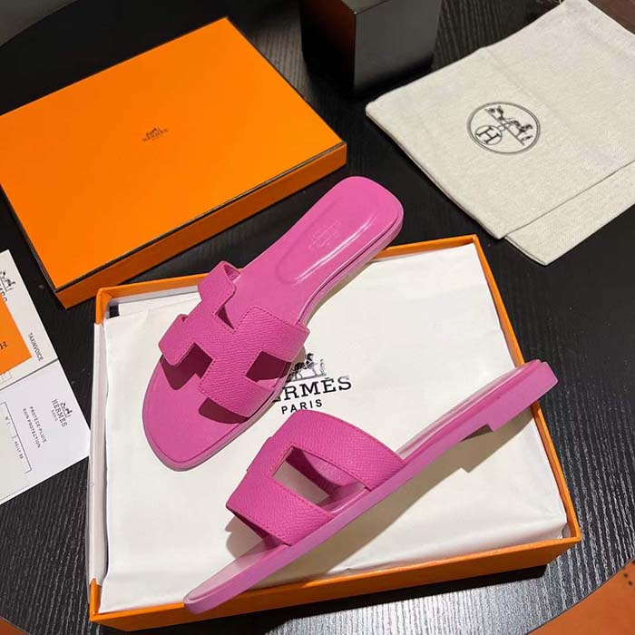 Hermes Unisex Oran Sandal Rose Pink Epsom Calfskin Natural Leather Sole