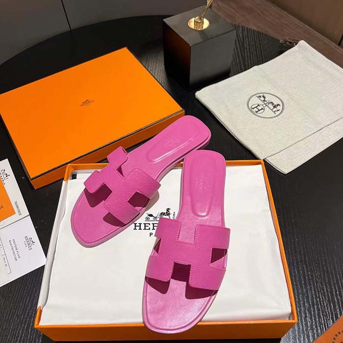 Hermes Unisex Oran Sandal Rose Pink Epsom Calfskin Natural Leather Sole