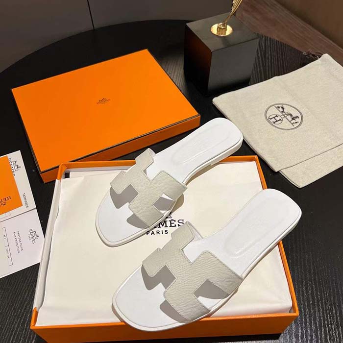 Hermes Unisex Oran Sandal White Epsom Calfskin Natural Leather Sole