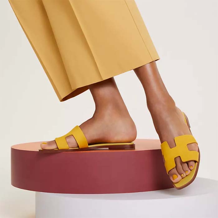Hermes Unisex Oran Sandal Yellow Suede Goatskin Natural Leather Sole