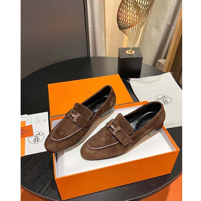 Hermes Unisex Paris Loafer Suede Goatskin Brown Leather Rubber Sole