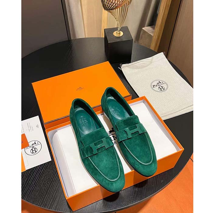 Hermes Unisex Paris Loafer Suede Goatskin Green Leather Rubber Sole