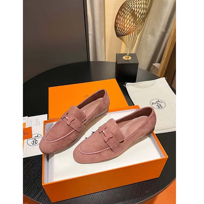 Hermes Unisex Paris Loafer Suede Goatskin Pink Leather Rubber Sole