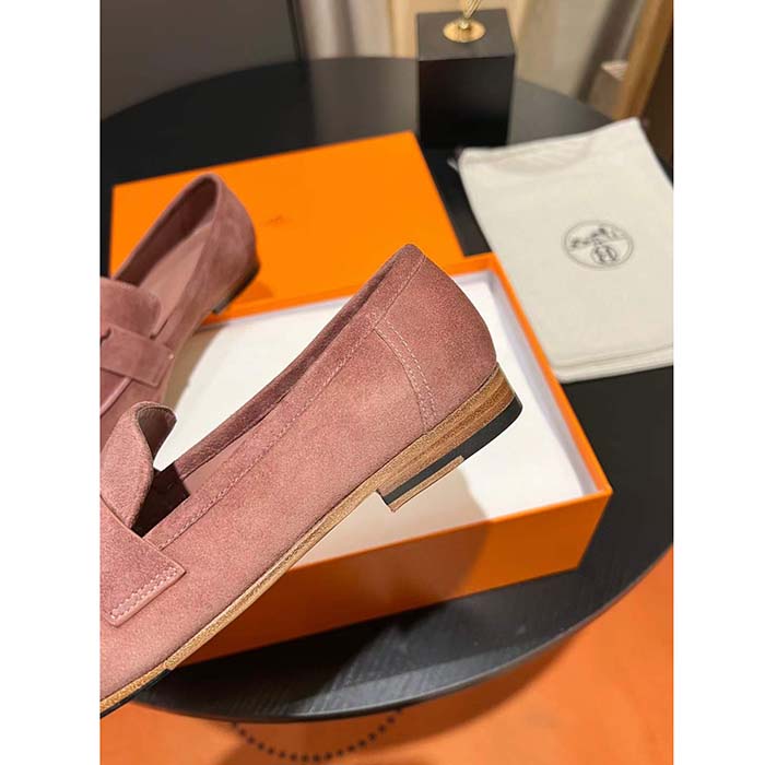Hermes Unisex Paris Loafer Suede Goatskin Pink Leather Rubber Sole