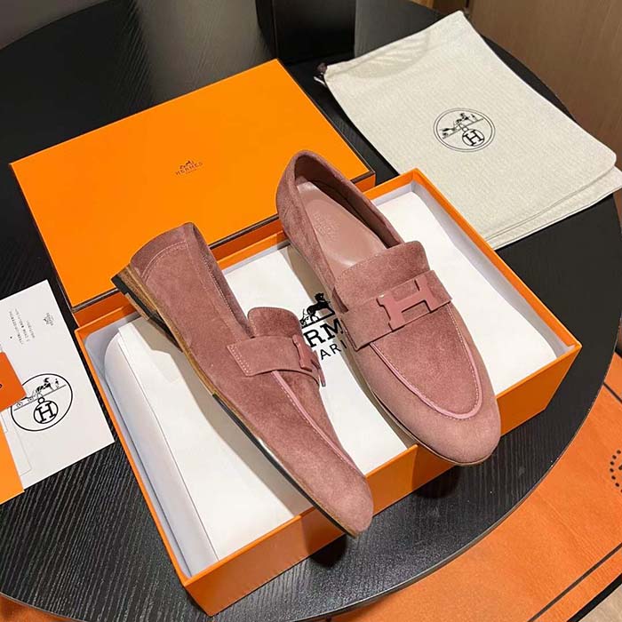 Hermes Unisex Paris Loafer Suede Goatskin Pink Leather Rubber Sole