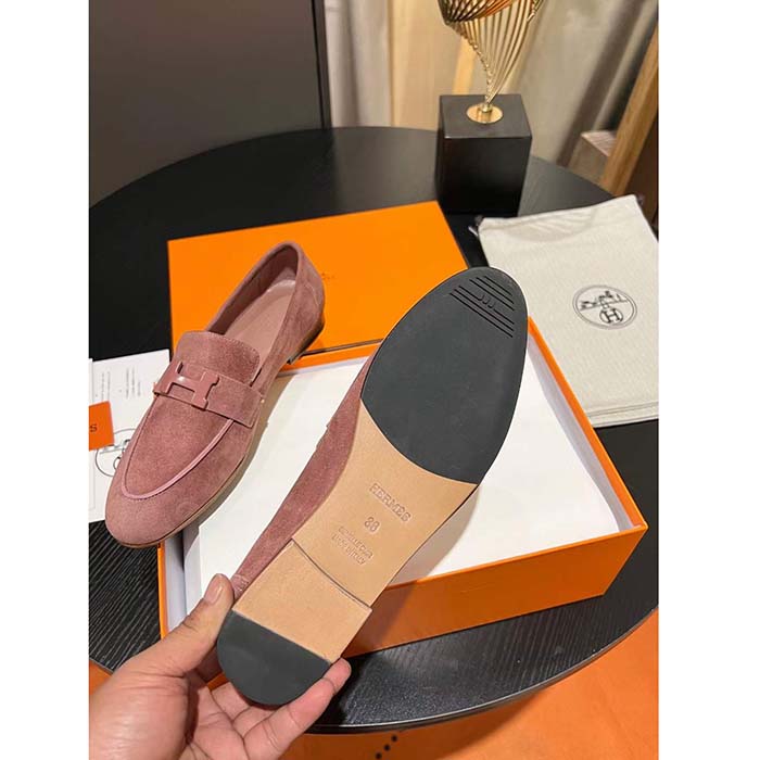 Hermes Unisex Paris Loafer Suede Goatskin Pink Leather Rubber Sole