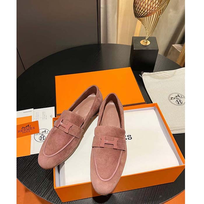 Hermes Unisex Paris Loafer Suede Goatskin Pink Leather Rubber Sole