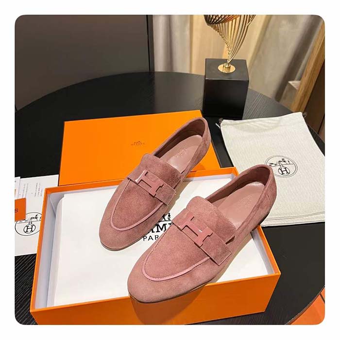 Hermes Unisex Paris Loafer Suede Goatskin Pink Leather Rubber Sole