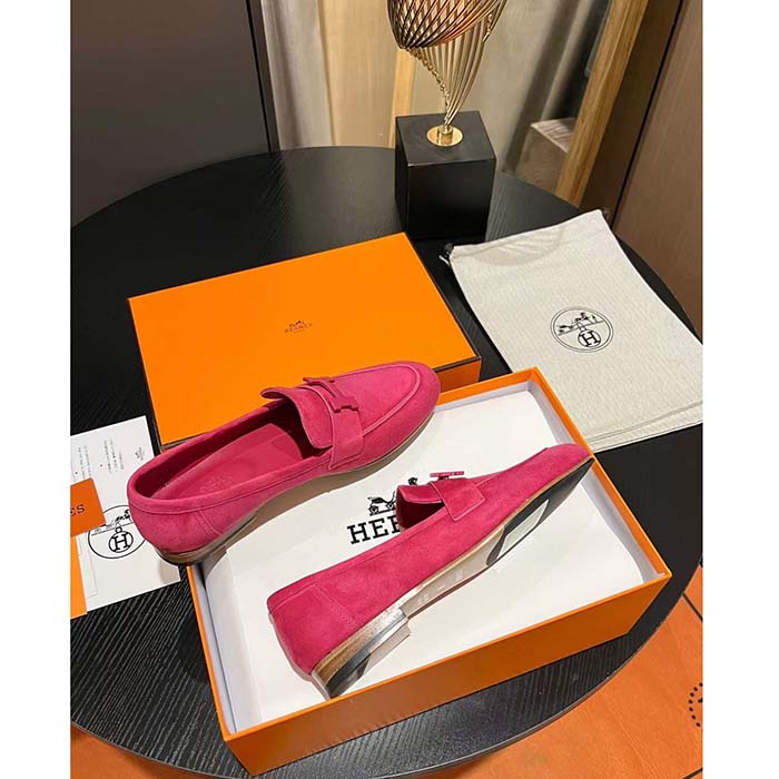 Hermes Unisex Paris Loafer Suede Goatskin Rose Pink Leather Rubber Sole