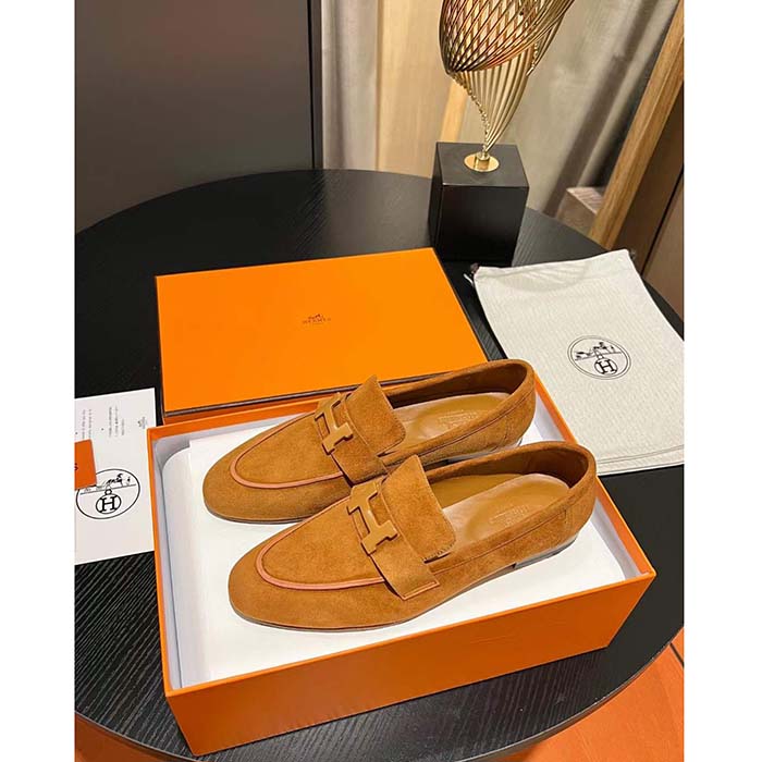 Hermes Unisex Paris Loafer Suede Goatskin Sandy Leather Rubber Sole