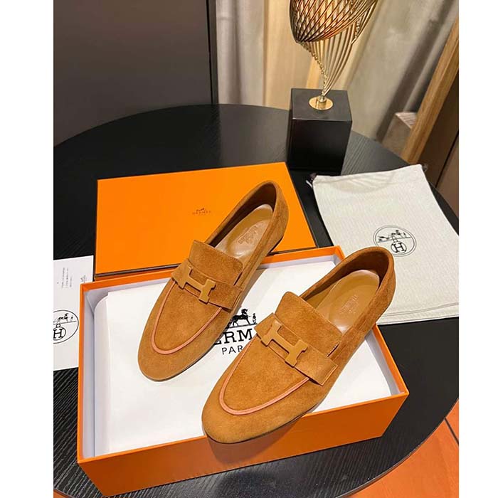Hermes Unisex Paris Loafer Suede Goatskin Sandy Leather Rubber Sole
