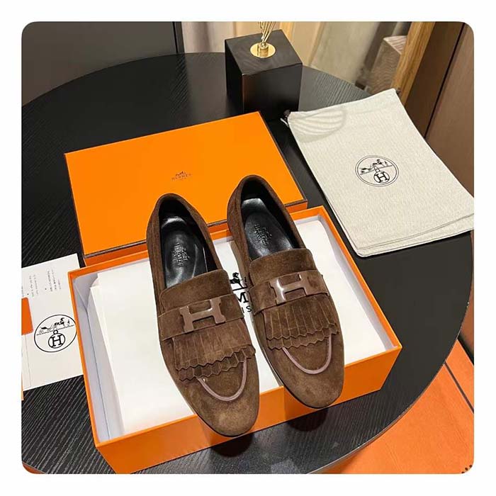 Hermes Unisex Royal Loafer Suede Goatskin Brown Leather Rubber Sole