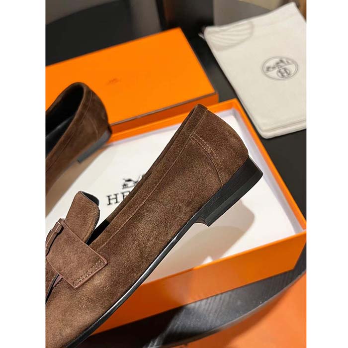 Hermes Unisex Royal Loafer Suede Goatskin Brown Leather Rubber Sole