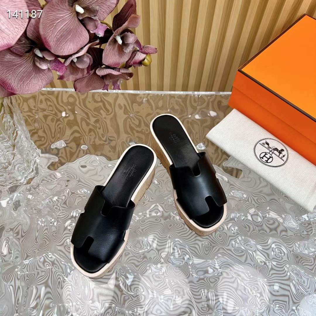 Hermes Women Eze 30 Sandal Natural Calfskin Black Rubber Sole