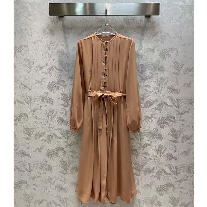 Louis Vuitton LV Women Monogram Accent Pleat Dress Silk Beige 1AFEVC