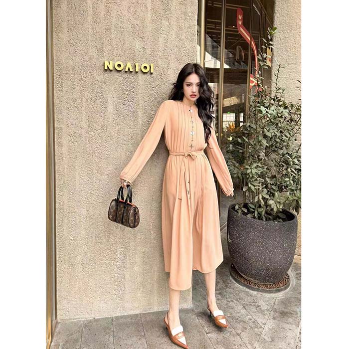 Louis Vuitton LV Women Monogram Accent Pleat Dress Silk Beige 1AFEVC