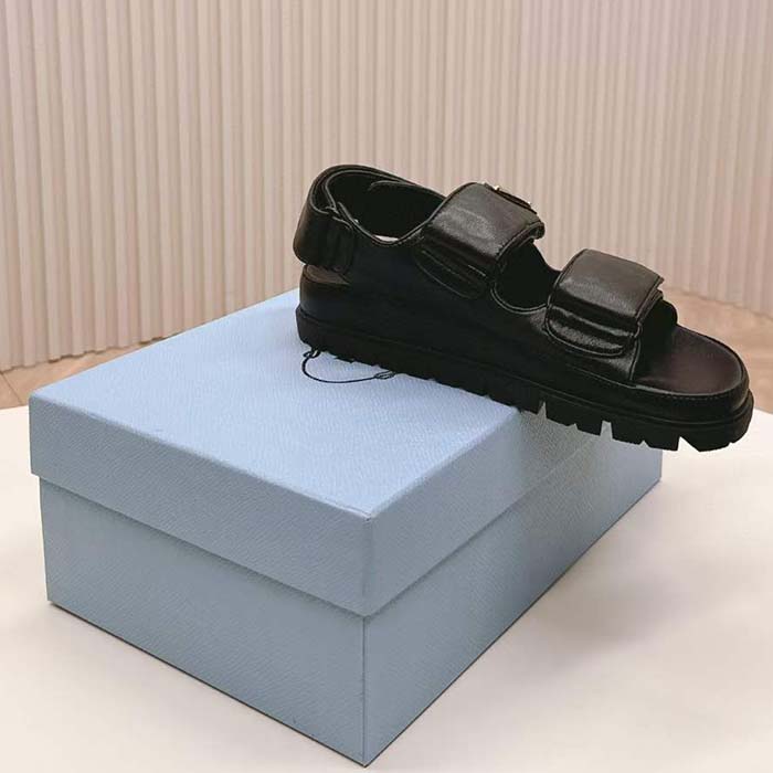 Prada Women Flat Nappa Leather Sandals Rubber Sole Lug Tread