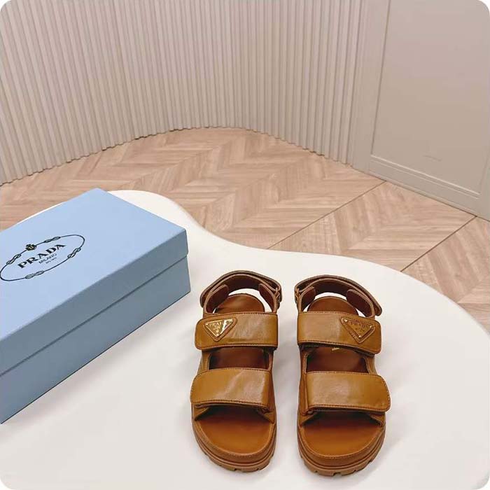 Prada Women Padded Nappa Leather Sandals Metal Lettering Logo Lug Tread