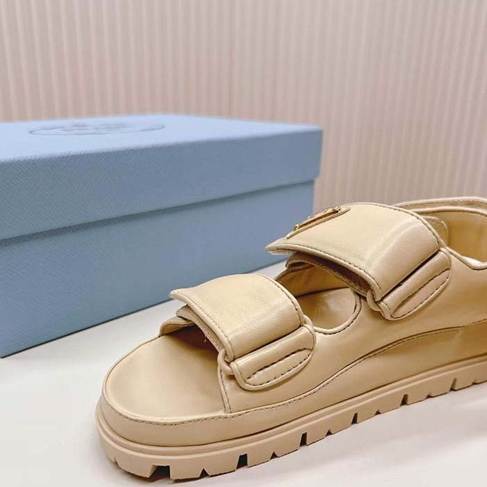 Prada Women Patent Leather Sandals Beige Metal Lettering Logo Lug Tread