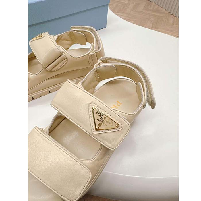 Prada Women Patent Leather Sandals Beige Metal Lettering Logo Lug Tread