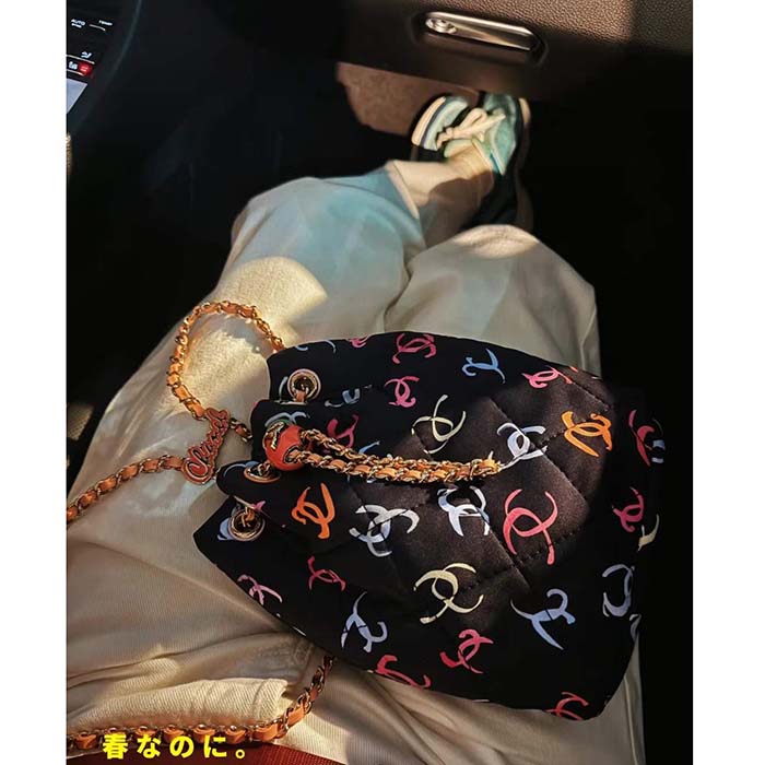 Chanel CC Unisex Backpack Printed Fabric Gold-Tone Metal Black Multicolor