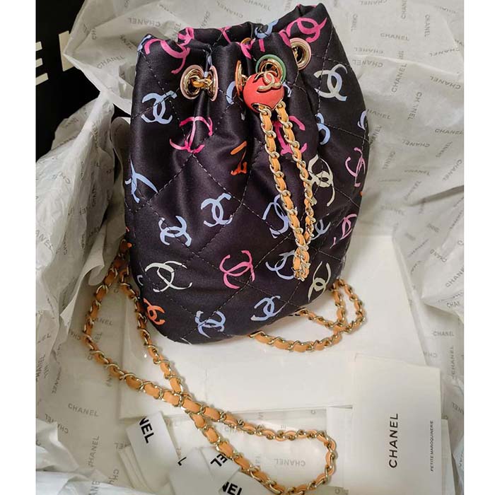 Chanel CC Unisex Backpack Printed Fabric Gold-Tone Metal Black Multicolor