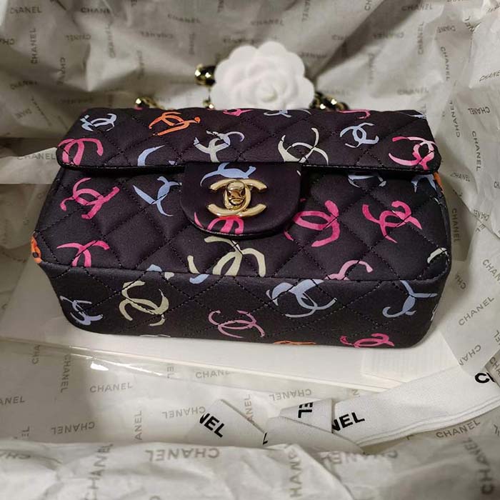 Chanel CC Women Classic 11.12 Handbag Printed Fabric Black Multicolor