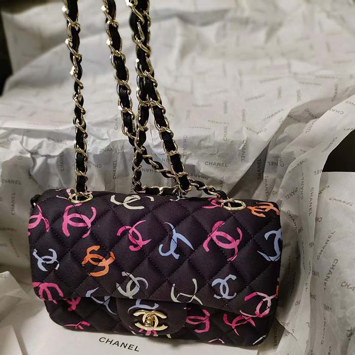 Chanel CC Women Classic 11.12 Handbag Printed Fabric Black Multicolor