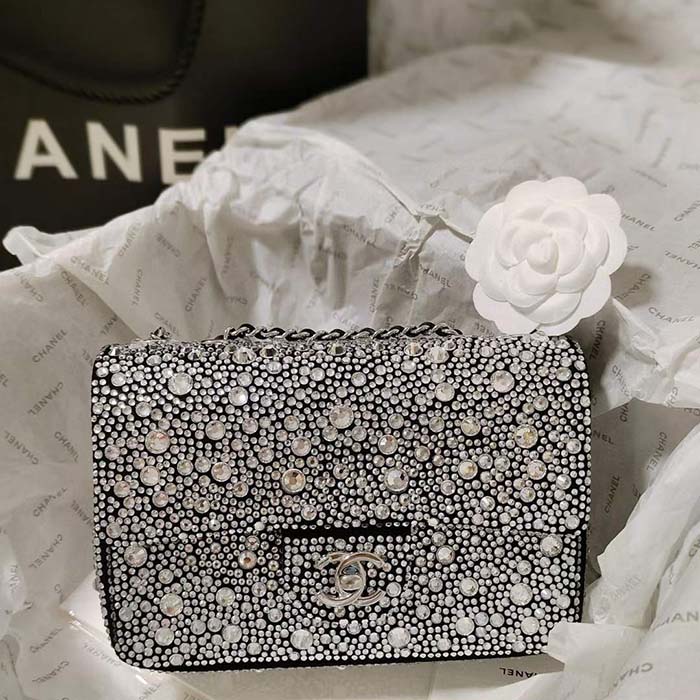 Chanel CC Women Mini Flap Bag Satin Strass Silver-Tone Metal Silver