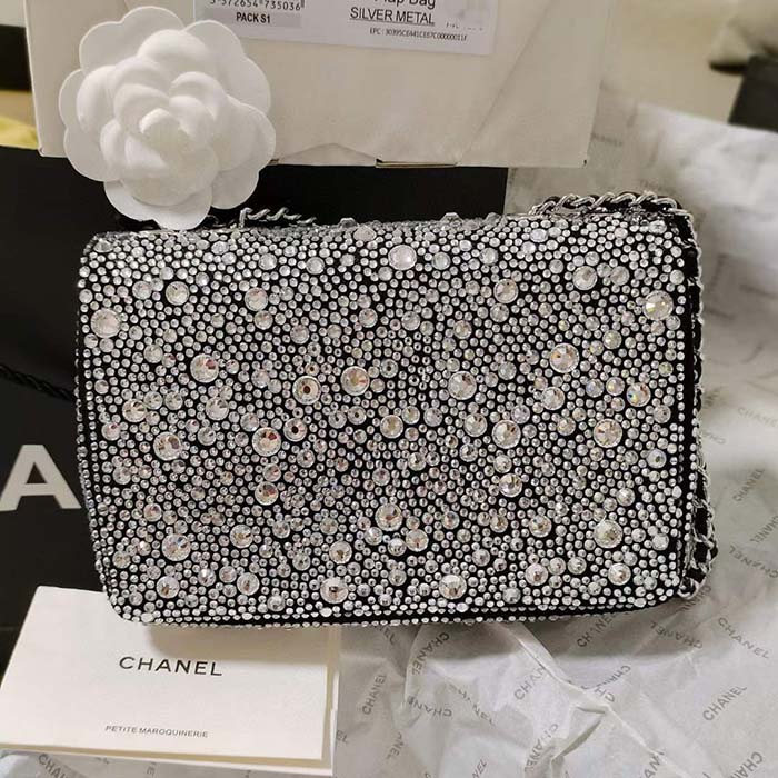 Chanel CC Women Mini Flap Bag Satin Strass Silver-Tone Metal Silver