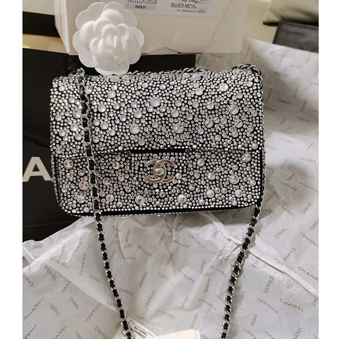 Chanel CC Women Mini Flap Bag Satin Strass Silver-Tone Metal Silver