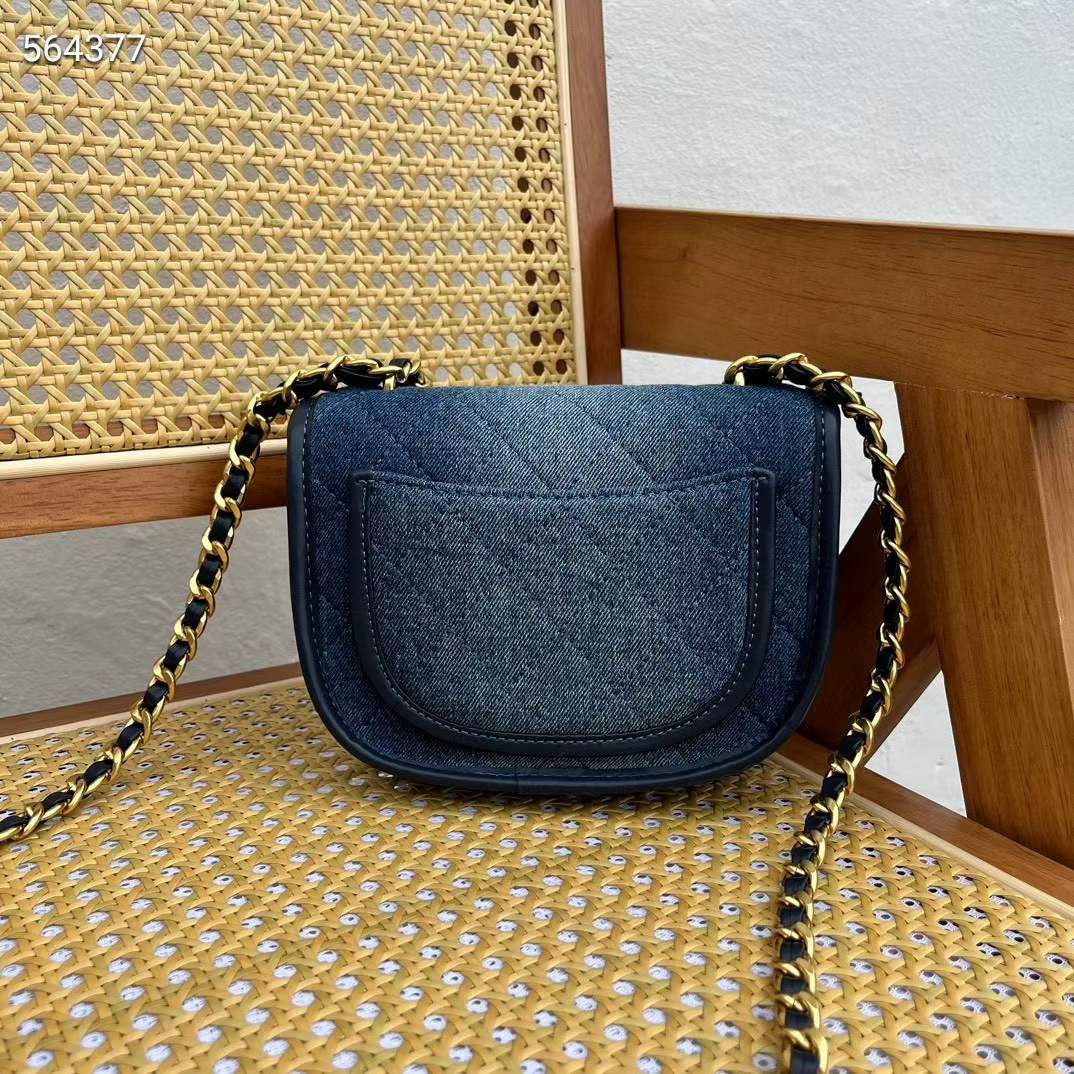 Chanel CC Women Small Messenger Bag Washed Denim Gold-Tone Metal Blue