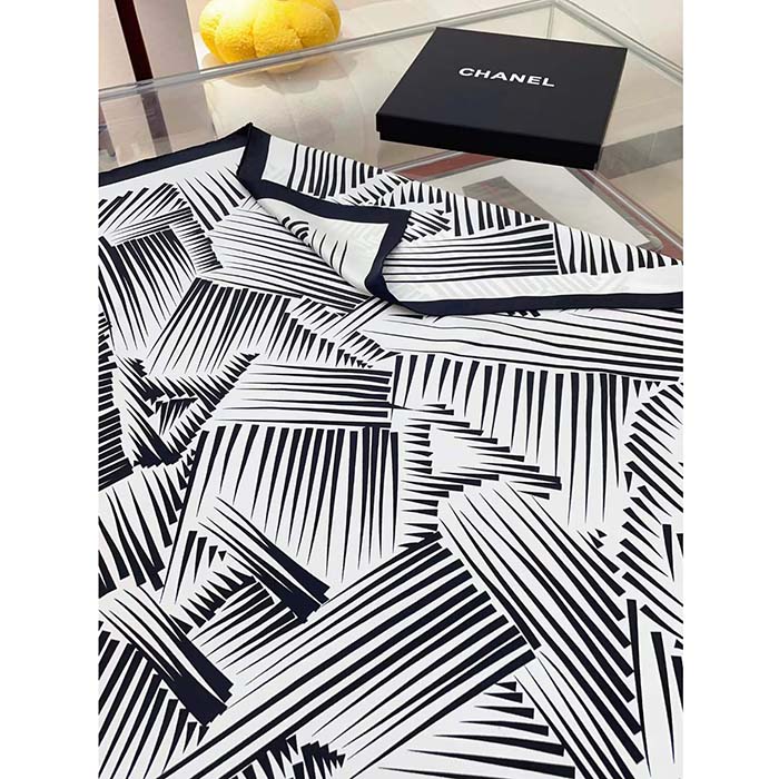 Chanel CC Women Square Scarf Silk Twill White Black
