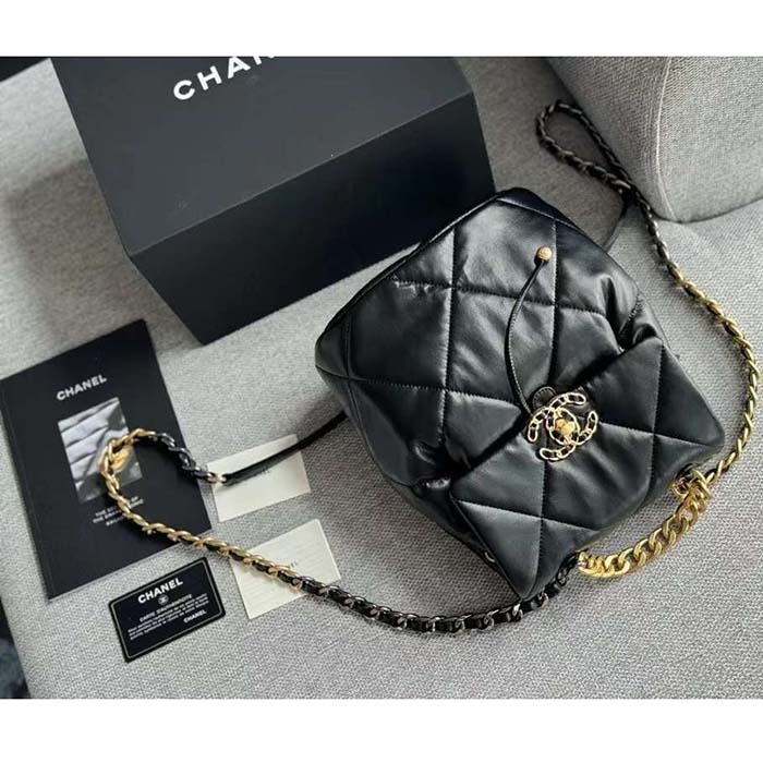 Chanel Women CC 19 Backpack Shiny Lambskin Gold Silver-Tone Black