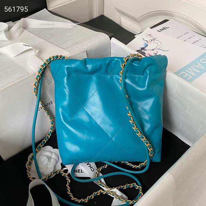 Chanel Women CC 22 Mini Handbag Shiny Calfskin Gold-Tone Metal Blue