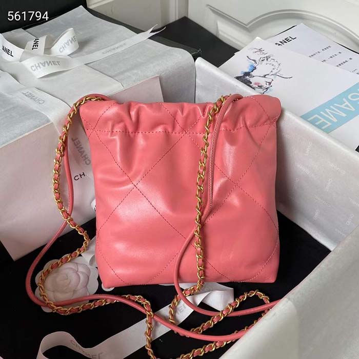 Chanel Women CC 22 Mini Handbag Shiny Calfskin Gold-Tone Metal Coral Pink