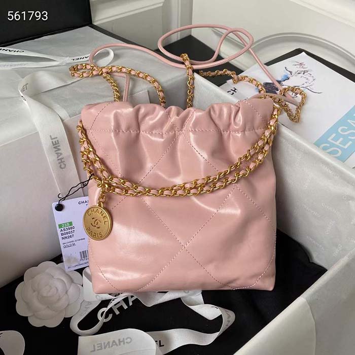 Chanel Women CC 22 Mini Handbag Shiny Calfskin Patchwork Light Pink Purple