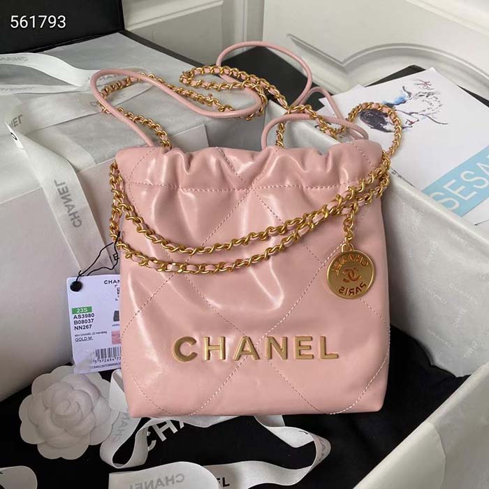 Chanel Women CC 22 Mini Handbag Shiny Calfskin Patchwork Light Pink Purple