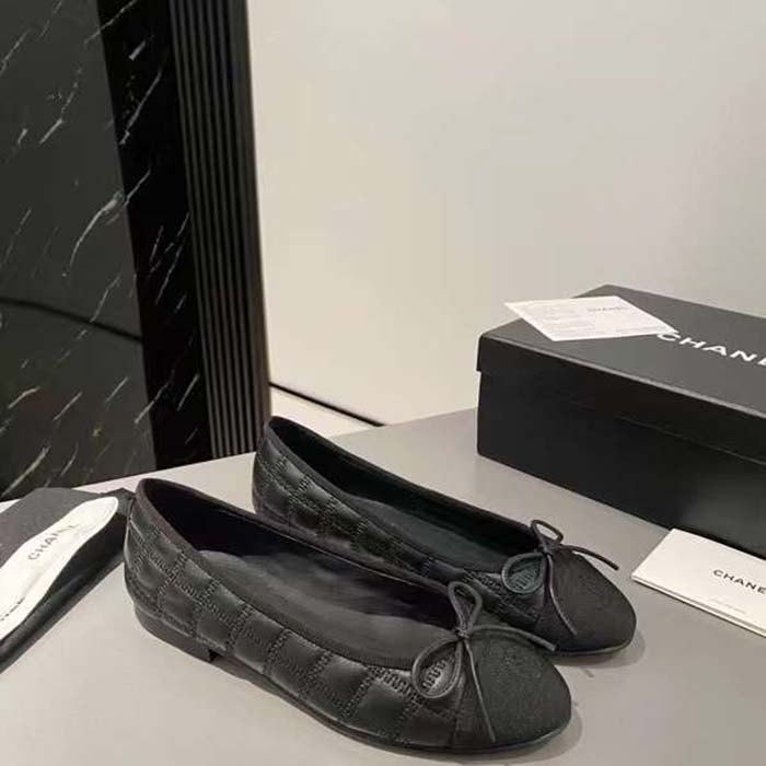 Chanel Women CC Ballet Flats Aged Calfskin Black 1 CM Heel